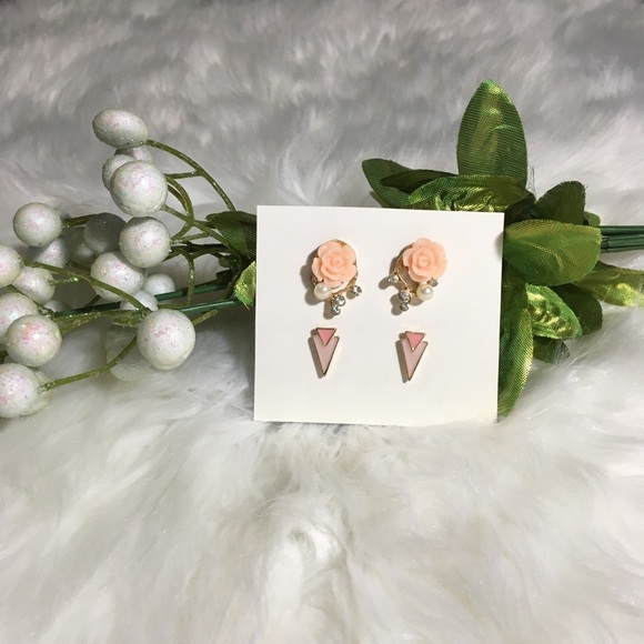 Pink Roses & Dainty Triangles Retro Earring Set - Picture 2 of 6
